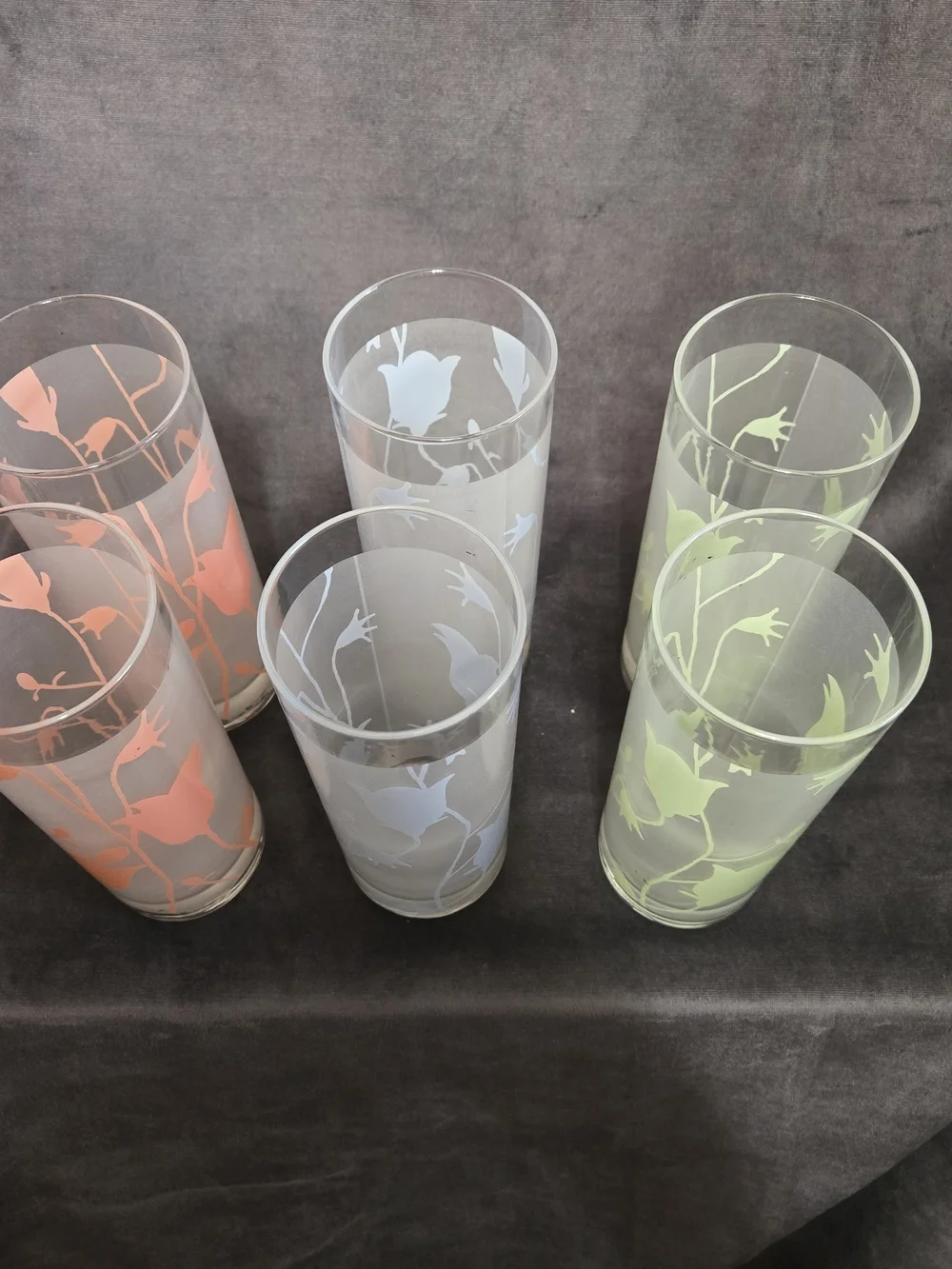 Set of 6 Vintage Libbey Frosted Tulip Hiball Glasses - Blue, Coral, yellow2 each